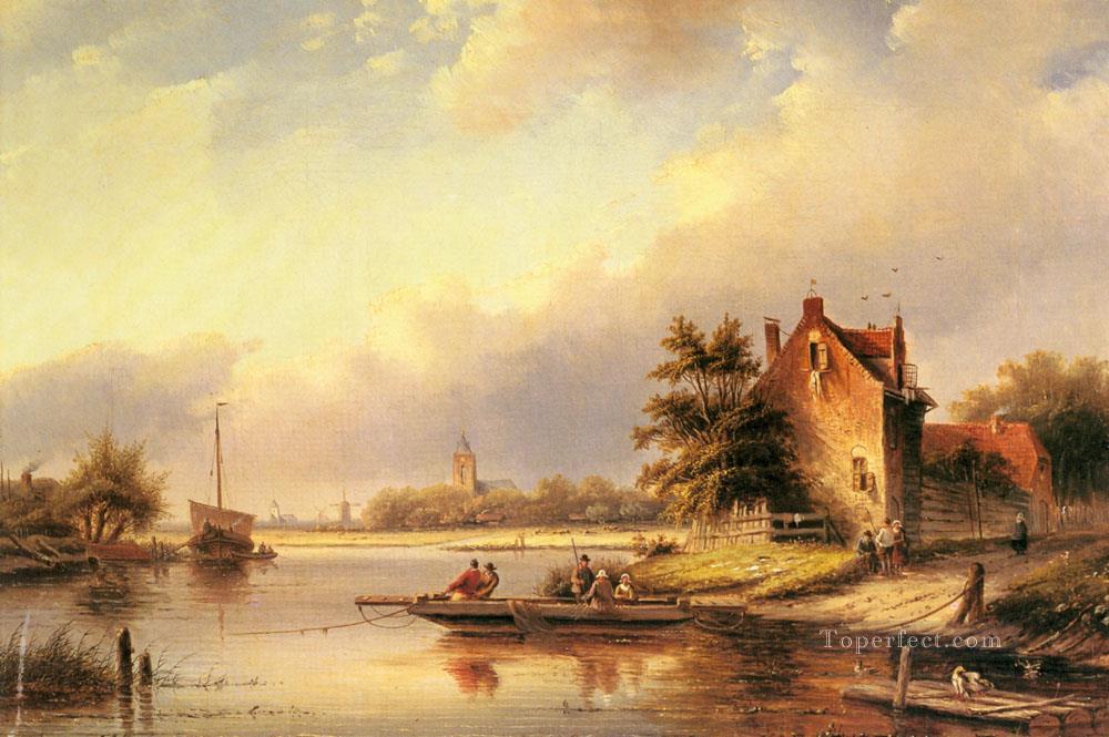 A Summers Day At The Ferry Crossing boat Jan Jacob Coenraad Spohler Landscapes stream Oil Paintings